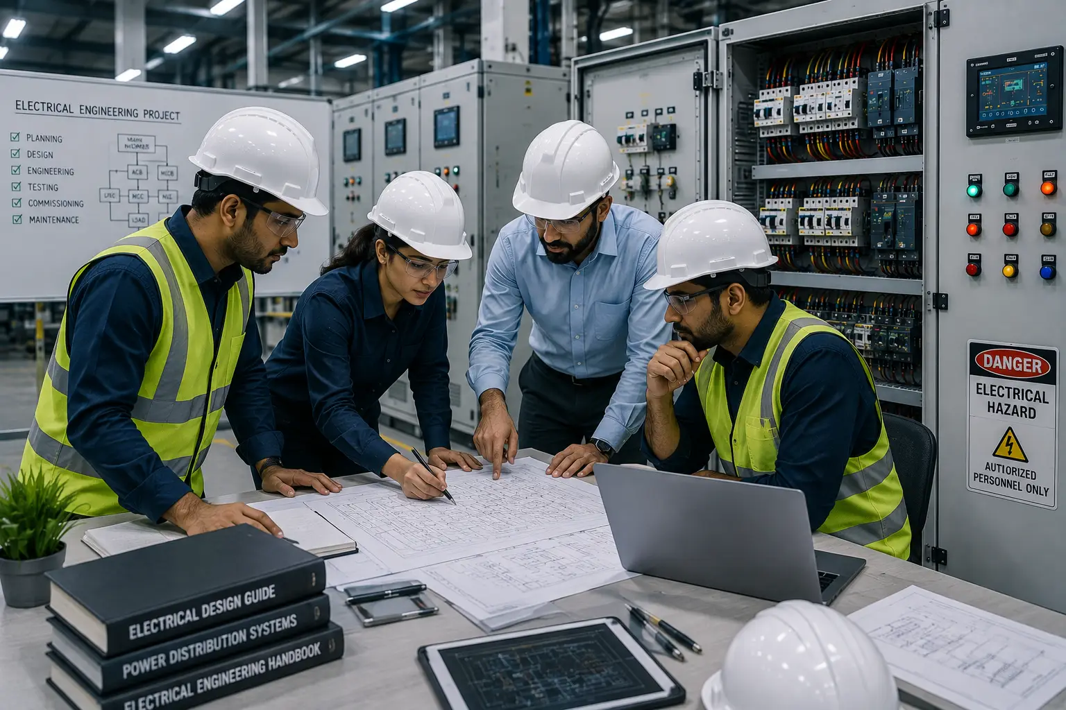 Electrical engineering team discussing electrical panel project requirements