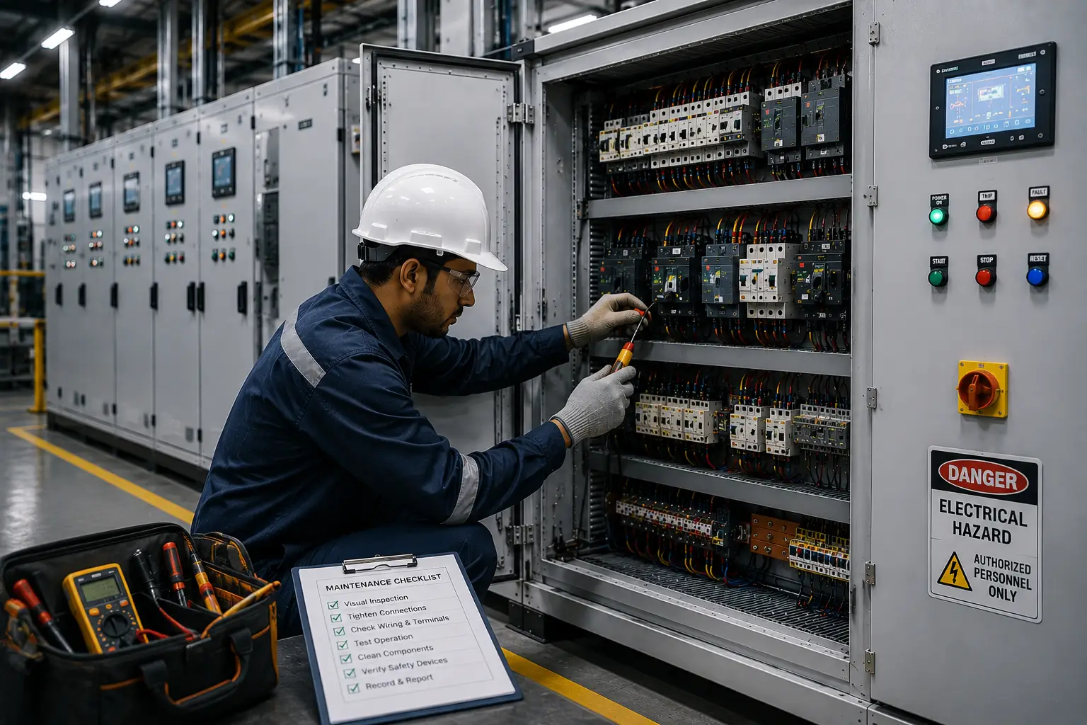 Technician inspecting and maintaining an industrial electrical panel